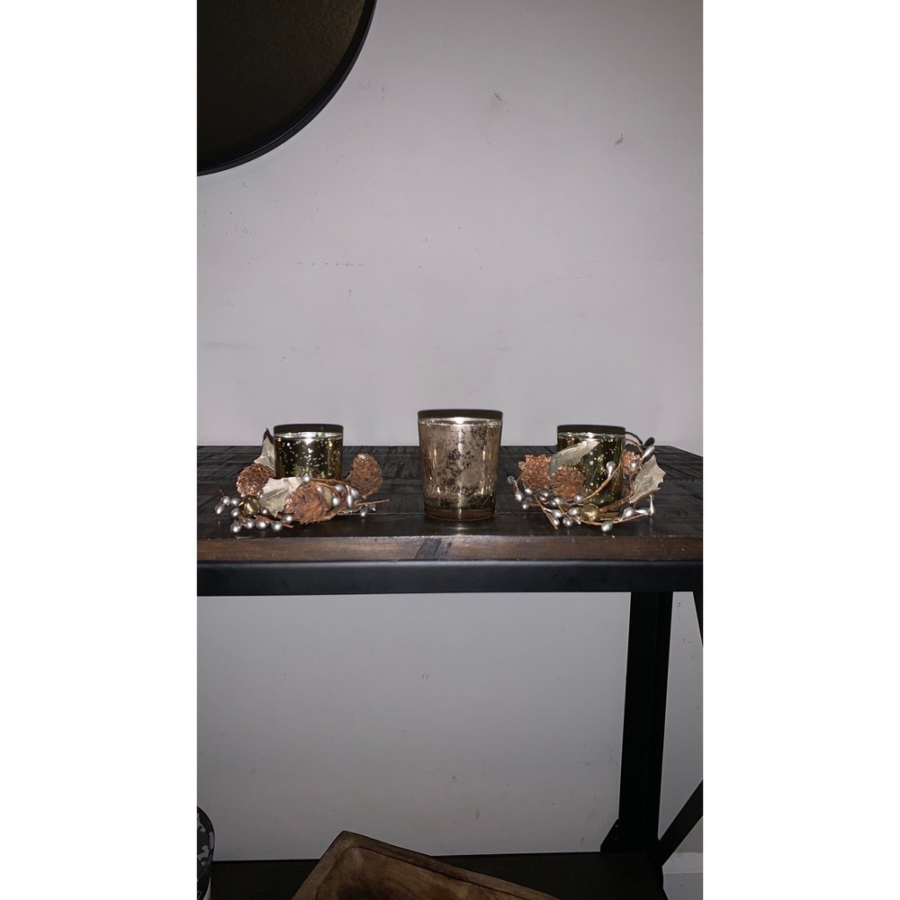 Holiday Mercury Glass Votive Candle Holder Set Gold Silver Pinecone Garland 3pc